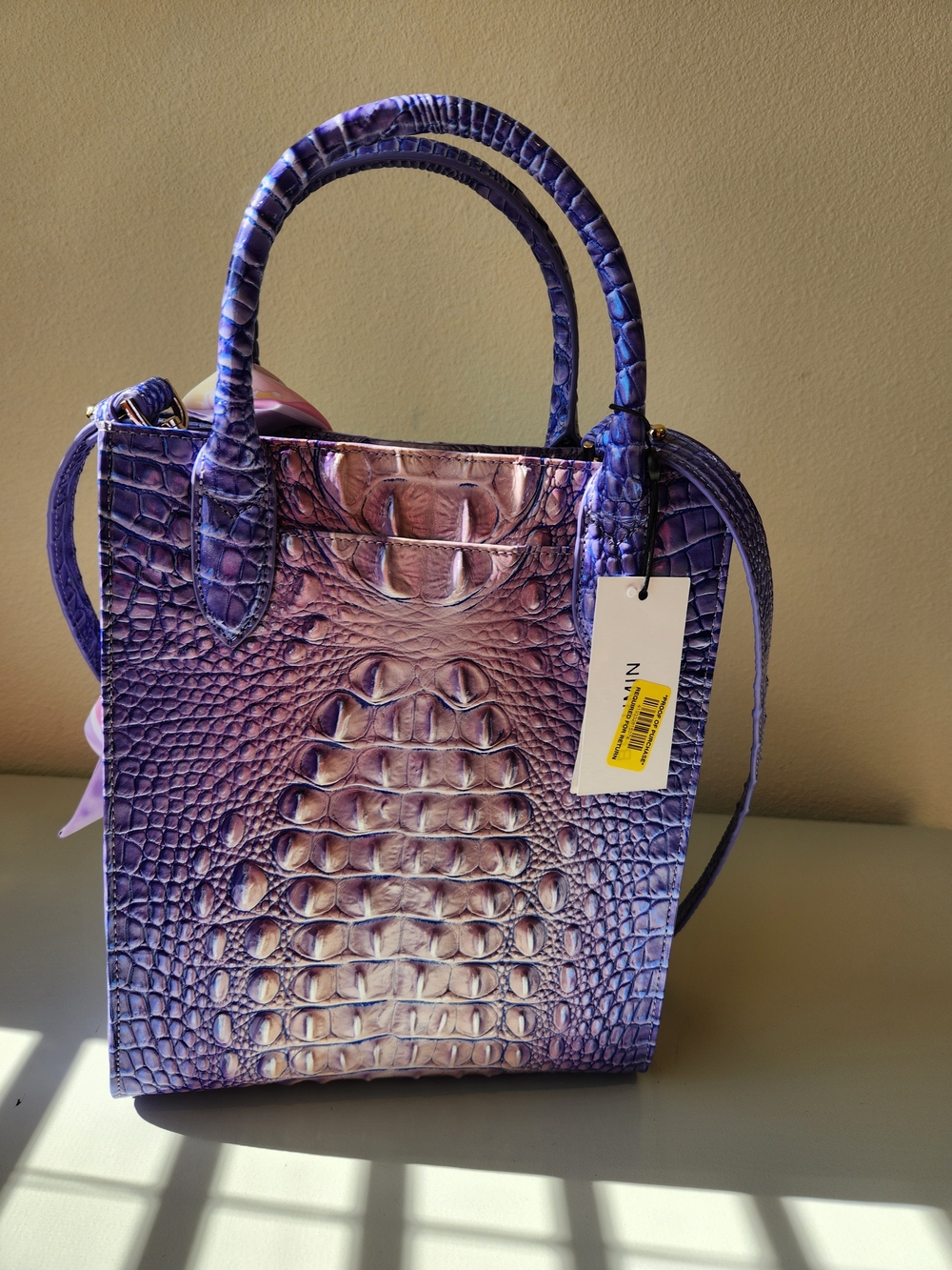 Elegant New Brahmin Purple Croc-Texture Satchel with Scarf Accent - Women Bags - Picture 5 of 8